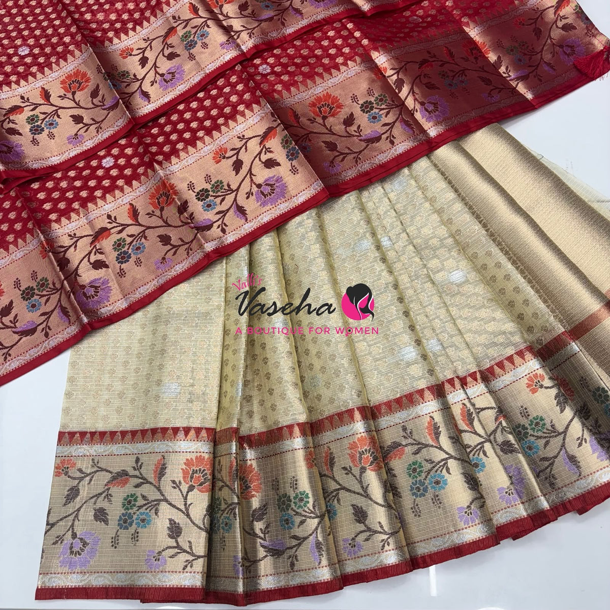Unstitched - Lehenga Material - Zari Kota Tissue - Light Yellow cream & Red - VVULM001