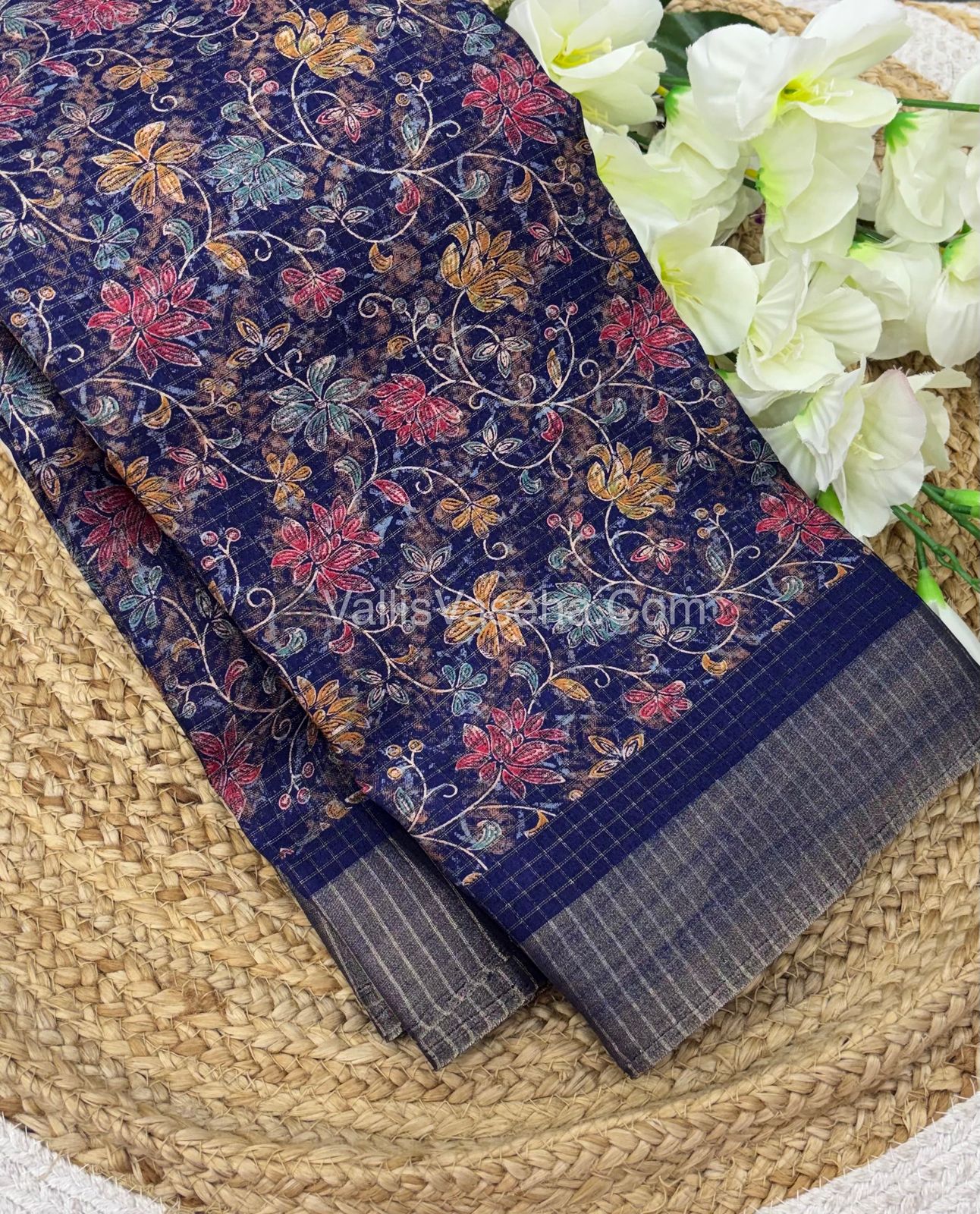 Light Weight Fancy Mixed Kota Cotton - Floral Design Printed Saree - Violet Blue Shade - VVKPC002