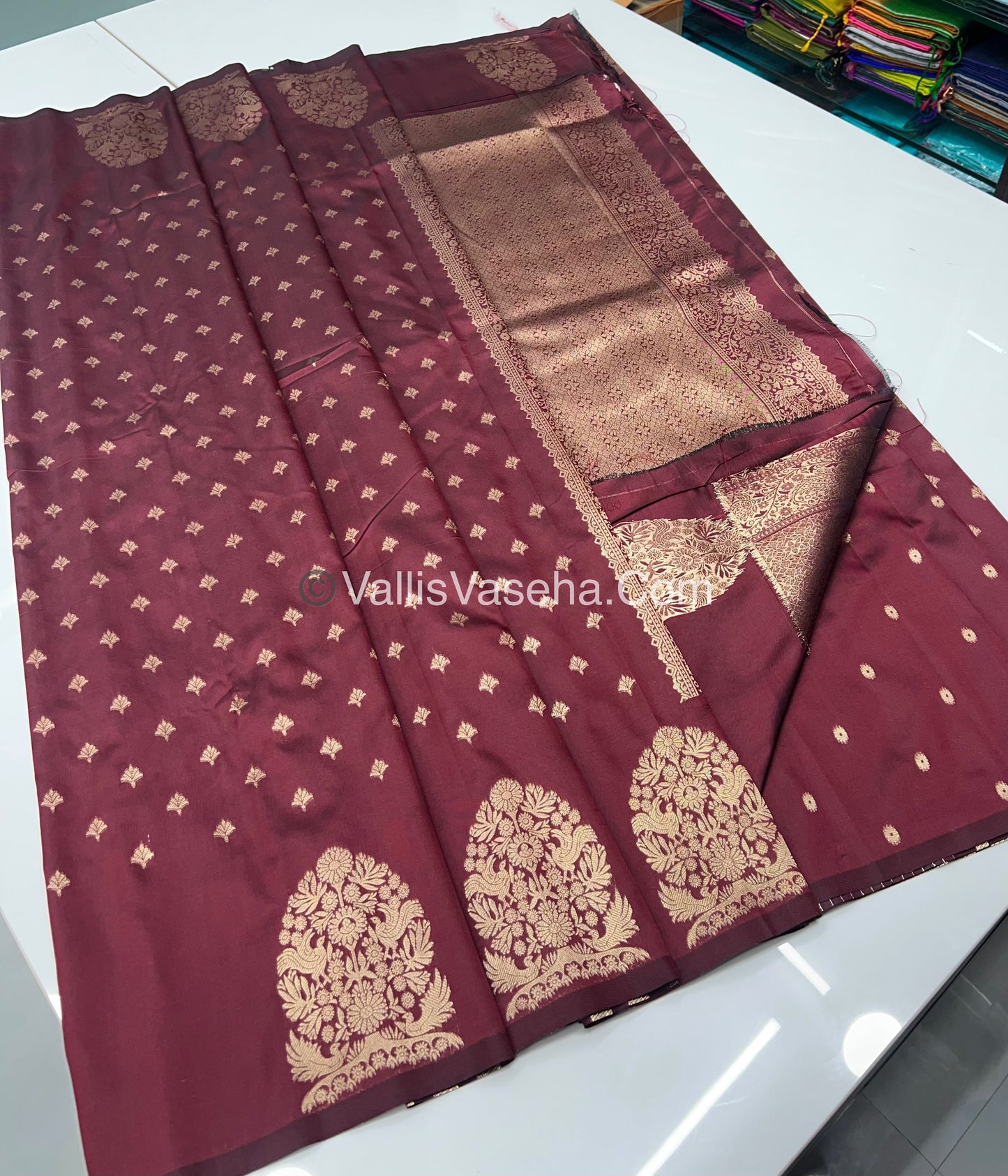Semi Soft Silk - Tree With Double Birds Butta Border - Maroon Shade -VVSSS011