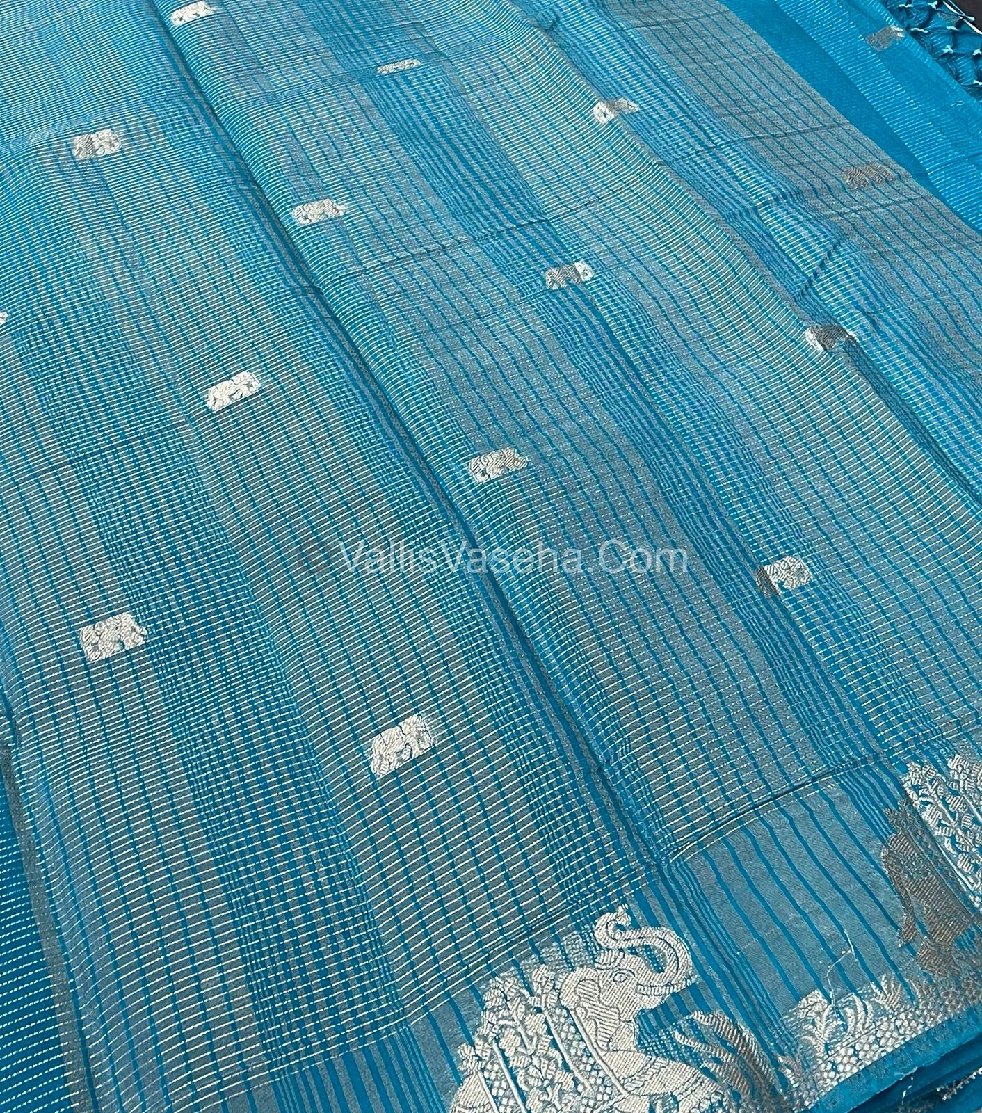 Semi Tussar Silk - Vairavoosi & Elephant Design - Ramar Blue Shade - VVSTS019