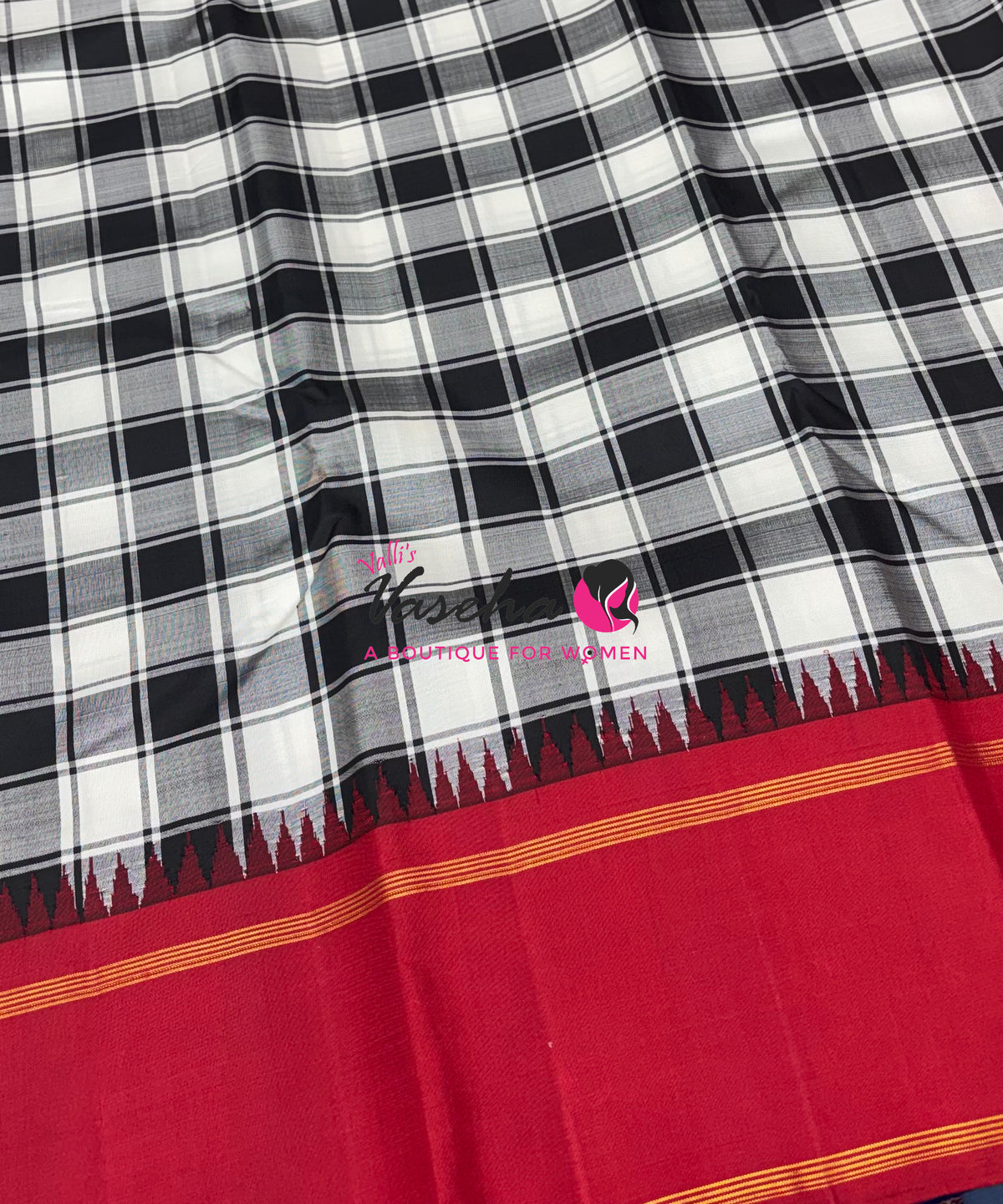 Pure Korvai Kanchipuram Silk Saree - Checks Pattern - Black & White with Red Combo - VVPS015