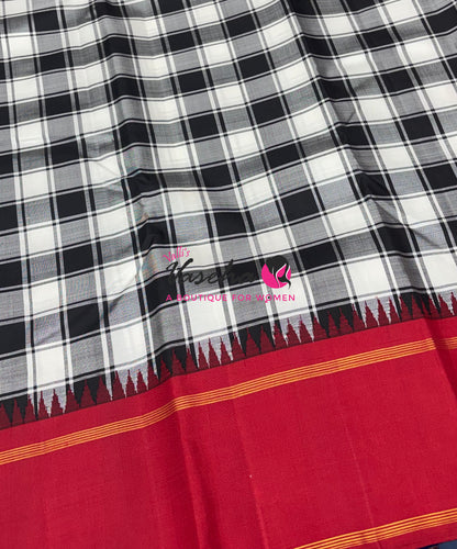 Pure Korvai Kanchipuram Silk Saree - Checks Pattern - Black & White with Red Combo - VVPS015