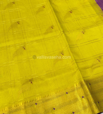 Pure Silk Cotton Saree - Paithani border - Lemon Yellow & Purple Combo - VVPSC001