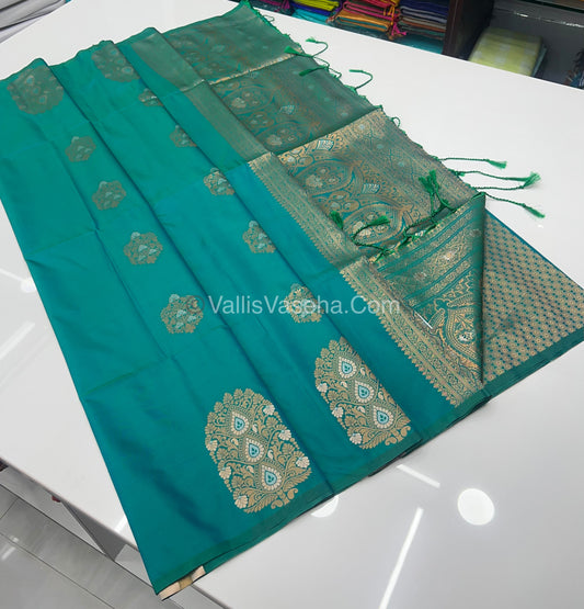 Semi Soft Silk - Border Butta  - Peacock Greenish Blue Shade -VVSSS010