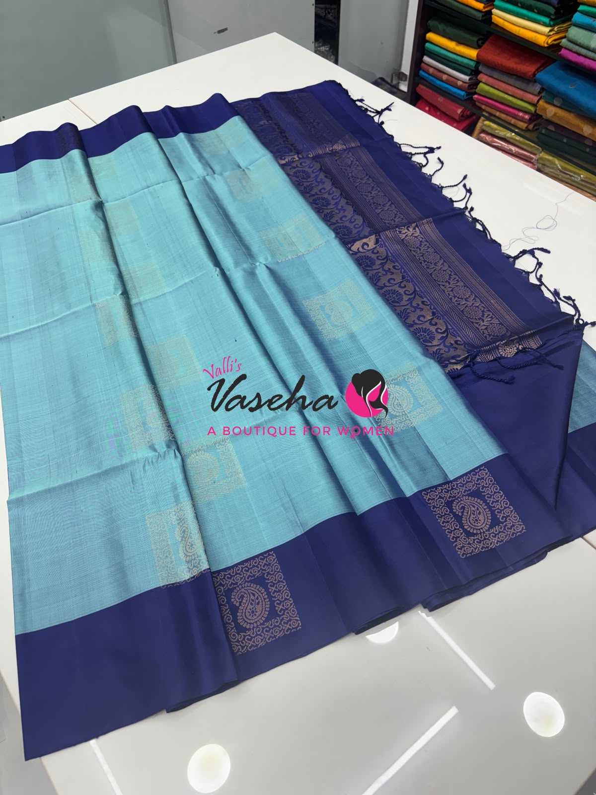 Pure Soft Silk Saree - Greyish Blue & Blue  - VVPSS091