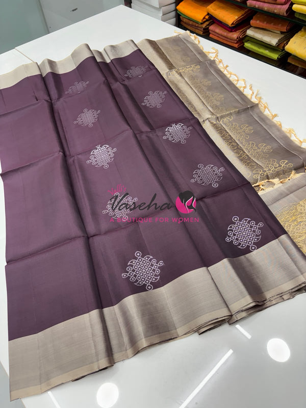 Half Mixed Soft Silk Saree - Kolam Design - Brown & Grey Shade - VVPSS077