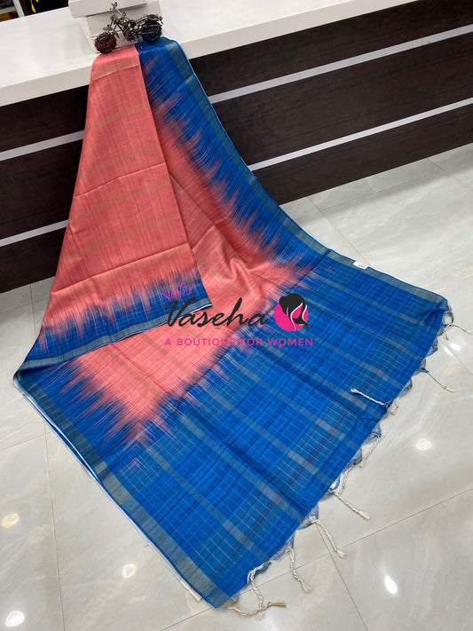 Semi Art Tussar Silk  / Art Silk - Peach & Blue - VVATS007