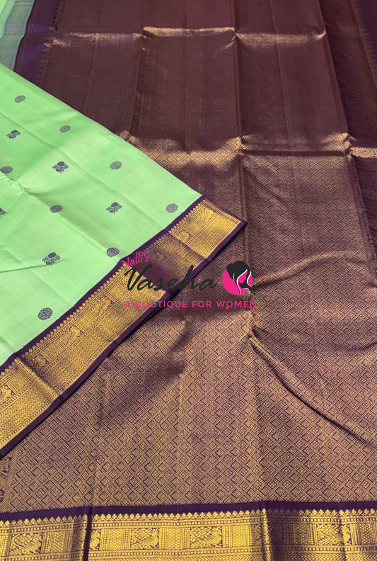 Pure Vintage Korvai Kanchipuram Silk Saree - Light Green & Purple Combo - VVPS072