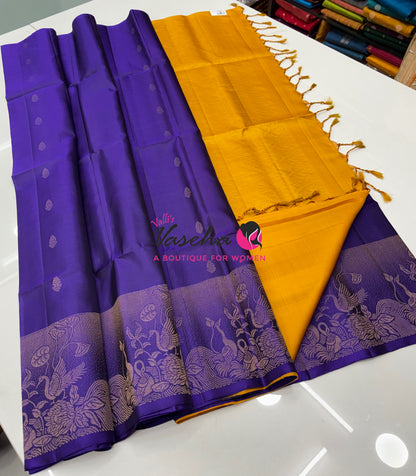 Pure Soft Silk Saree  - Violetish Purple With Yellow - VVPSS094