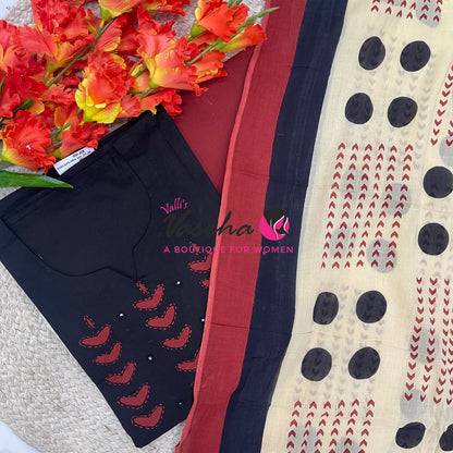 Unstitched Cotton Material |  Black & Merun Shade | VVUSM070