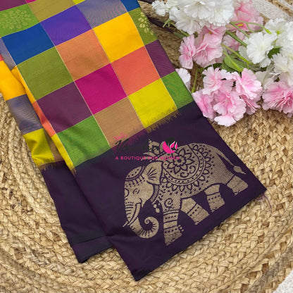 Semi Soft Silk  - Madras Checks Pattern -  Purple Shade  - VVSSS042
