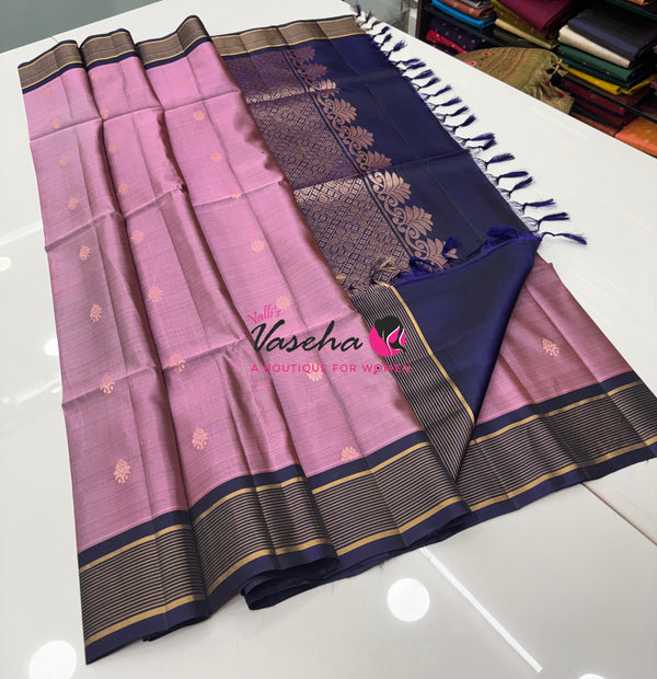 Half Mixed  Soft Silk Saree - (1.75 warp) Onion Pink & Navy Blue - VVPSS090
