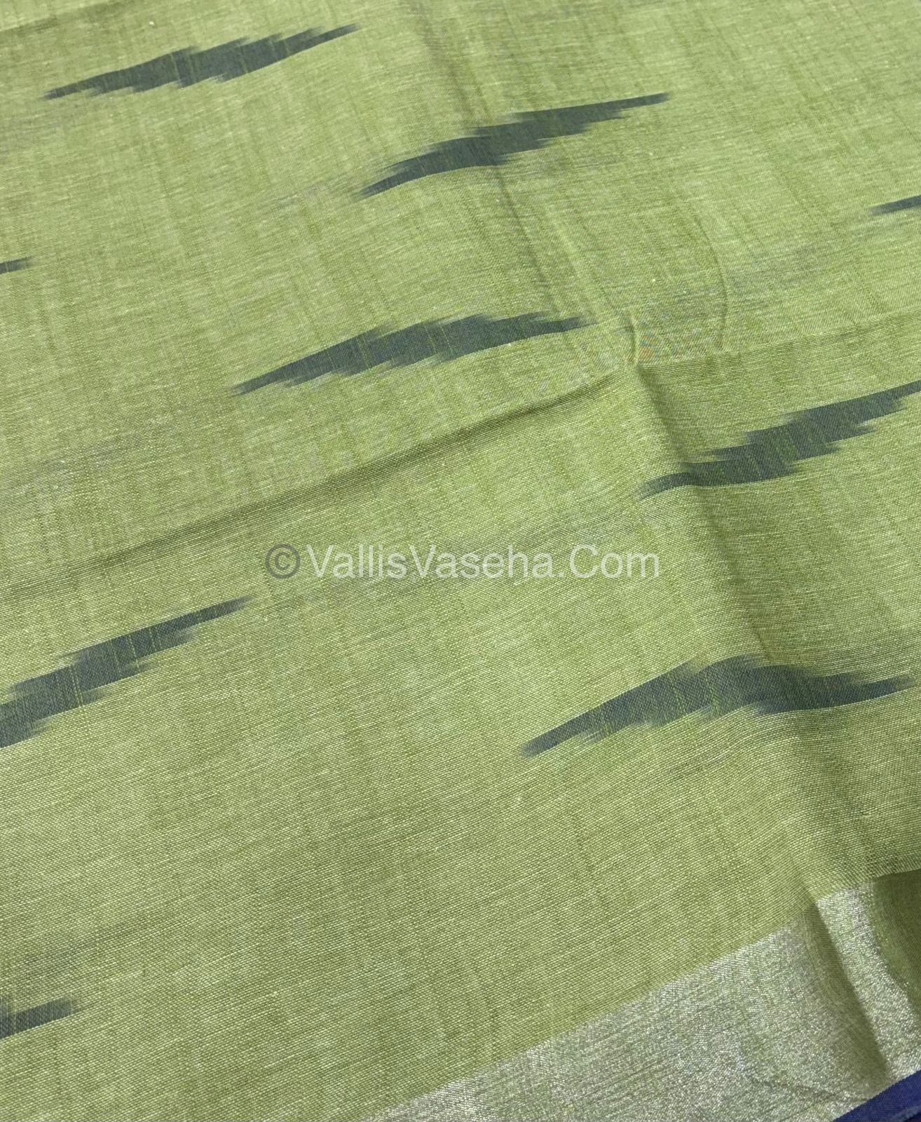 Bhagalpuri Linen Cotton Saree - Ikkat Print - Light Green With Blue  Shade - VVBLC002
