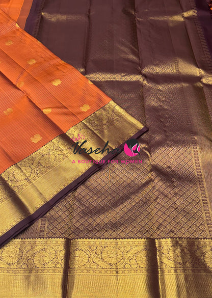 Pure Kanchipuram Silk Saree - Vairavoosi Design  - Rust Orange & Wine Brown Combo - VVPS059