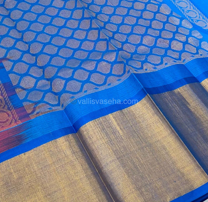 Pure Korvai Silk Cotton Saree - Peachish Pink with Light Blue Combo - Temple border - VVKSC001