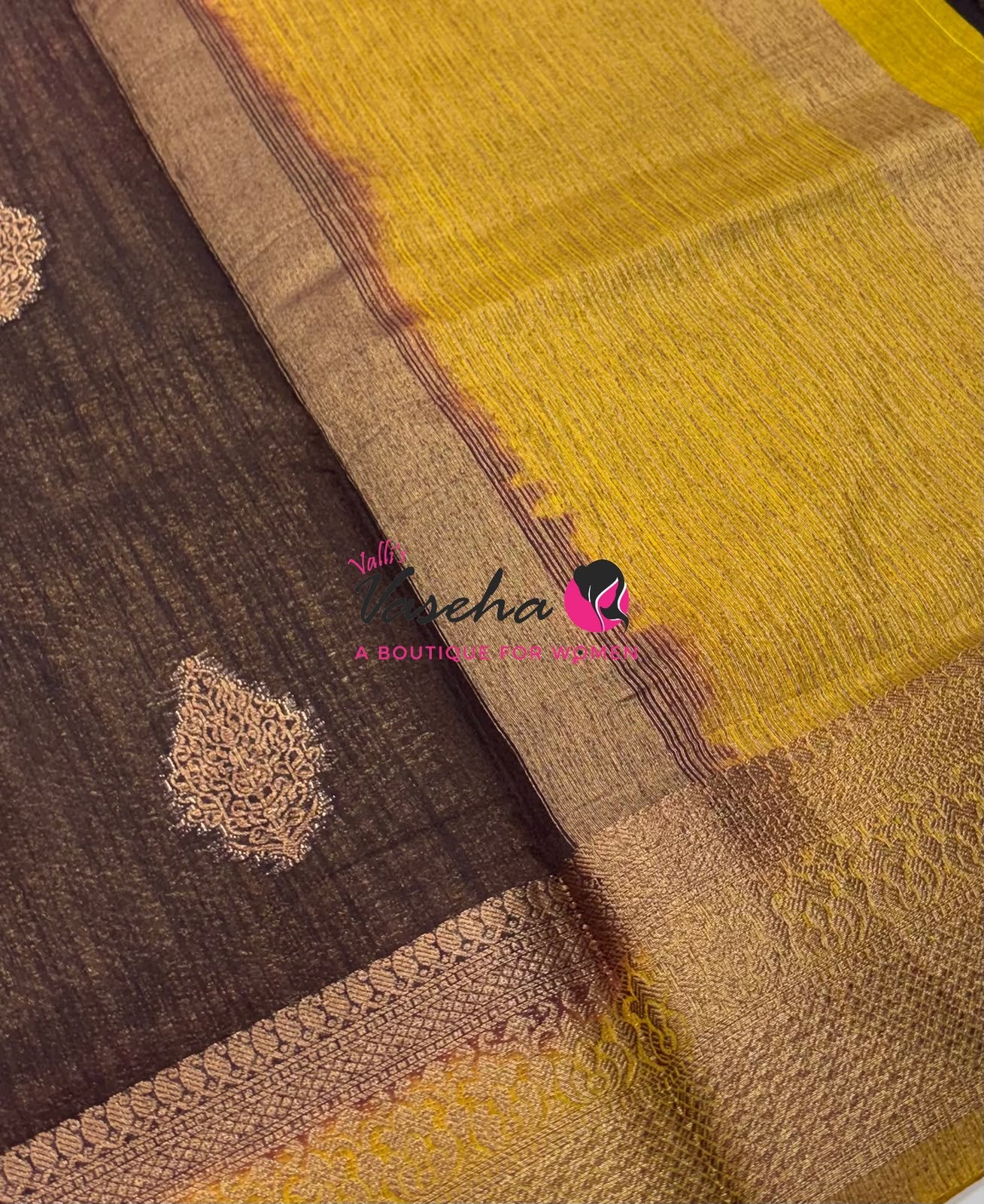 Bamboo Silk Saree - Brown with Yellow - VVBSS018
