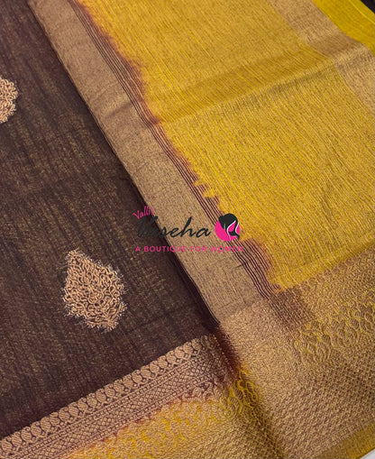 Bamboo Silk Saree - Brown with Yellow - VVBSS018