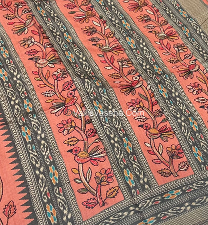 Semi Tussar - Kantha Work Embroidery - Orangish Peach Shade - VVSTK001