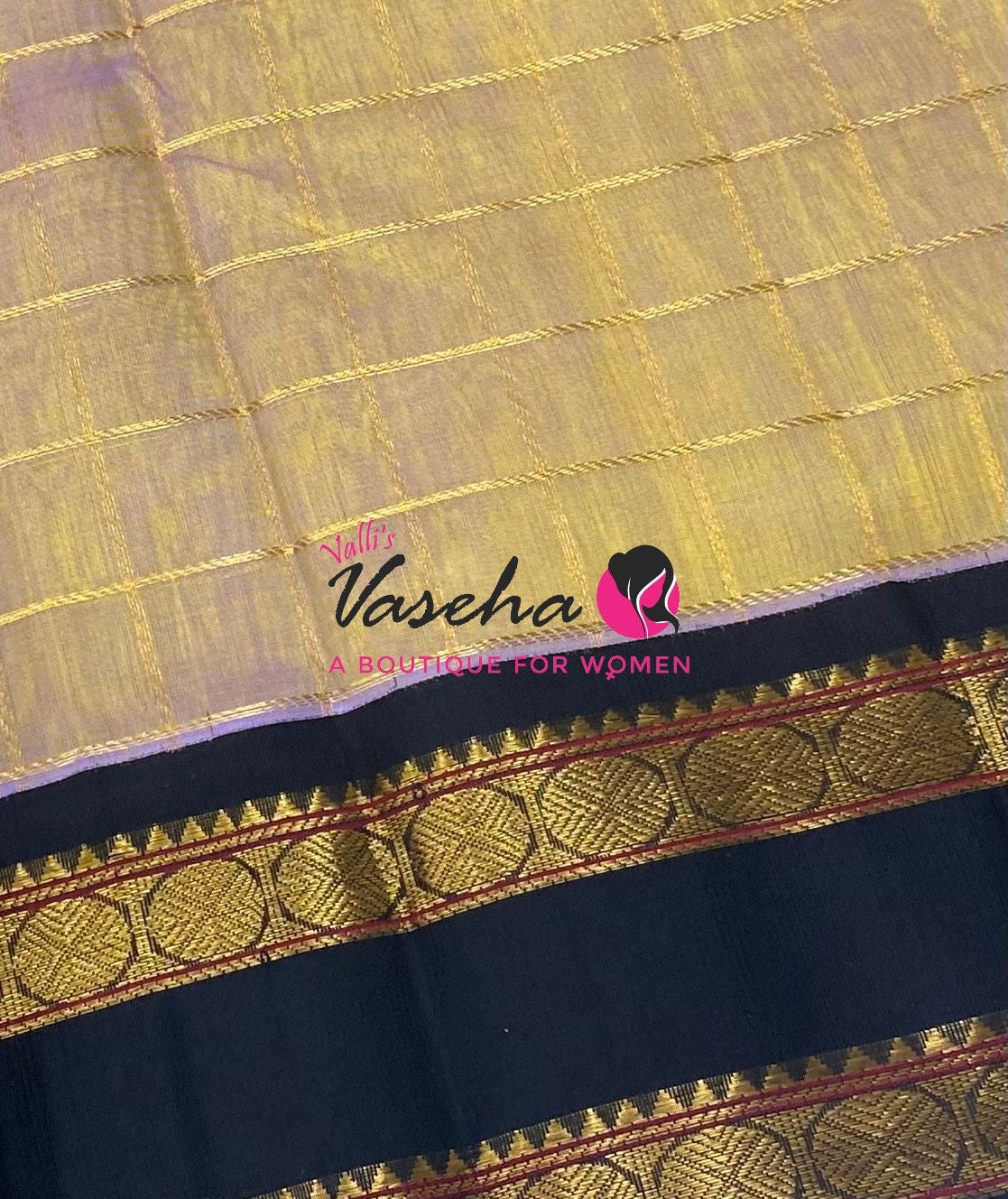 Pure Korvai Silk Cotton With Retta Petta Border - Checks pattern - Dual Tone Gold & Black - VVKSC013