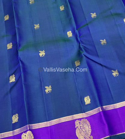 Pure Kanchipuram Silk Saree - Peacock Blue With Purple Shade  - VVPS022