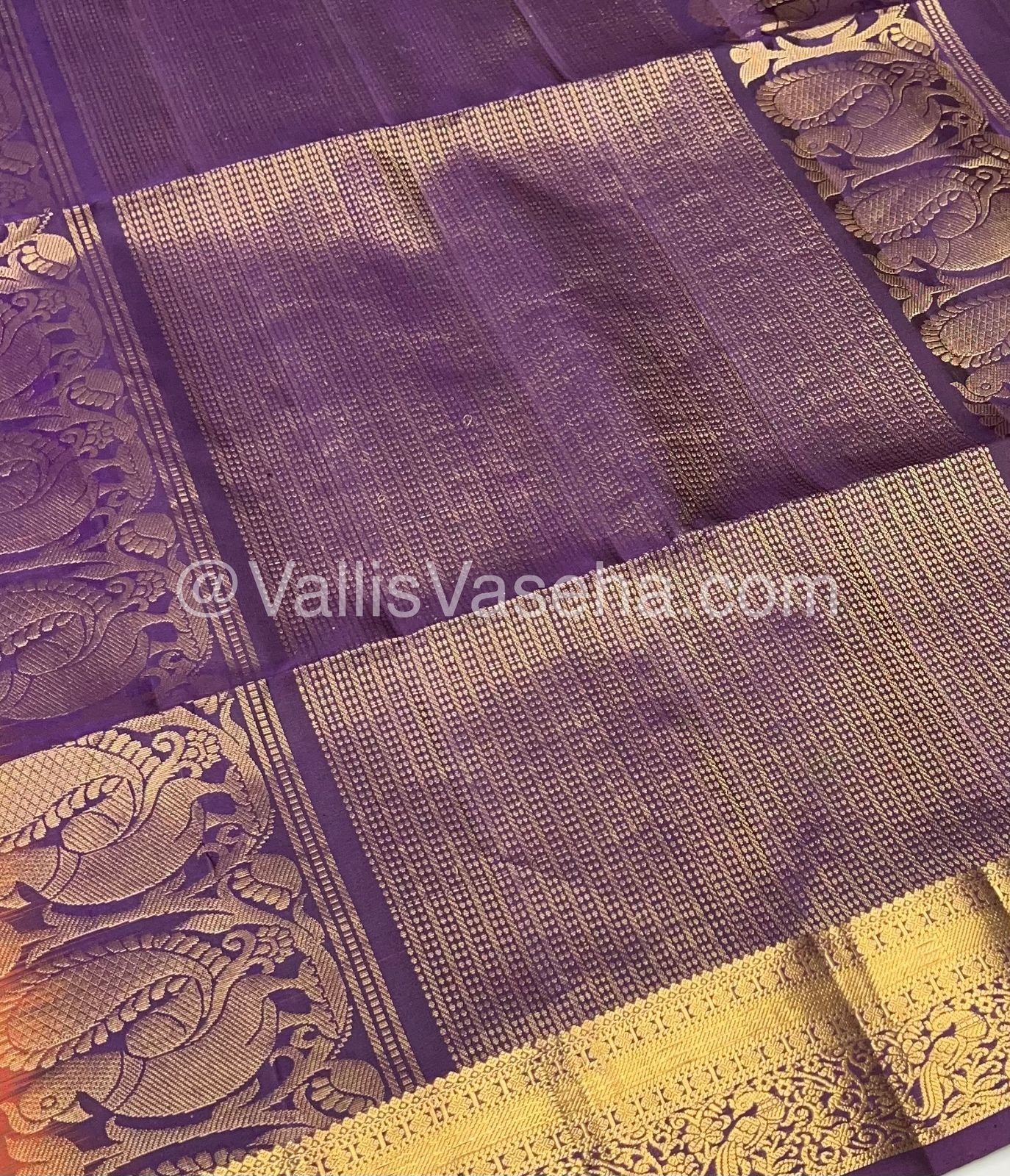 Pure Soft Silk Saree - Kanchi Border - Dark Rust Orangish Brown & Dark Purple Combo - VVPSS046