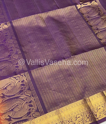 Pure Soft Silk Saree - Kanchi Border - Dark Rust Orangish Brown & Dark Purple Combo - VVPSS046