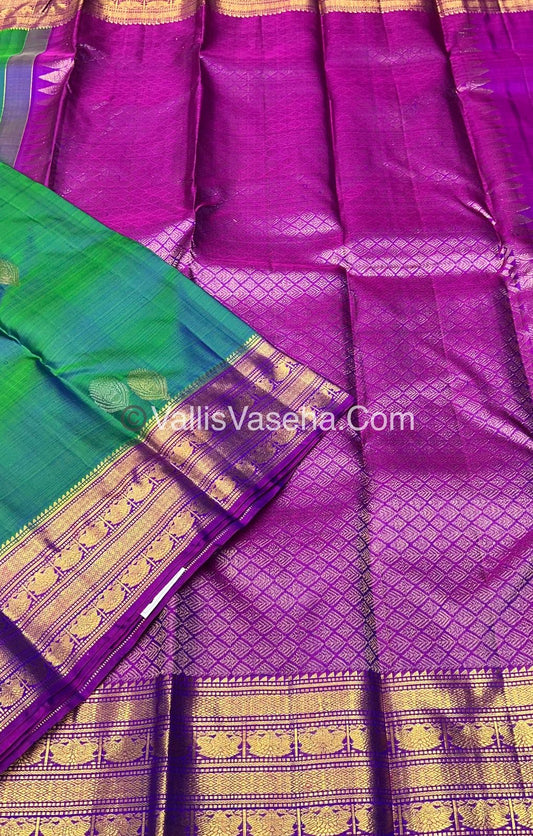Pure Kanchipuram Silk Saree - Double Tone Peacock Bluish Green with Purplish Pink Shade - VVPS014