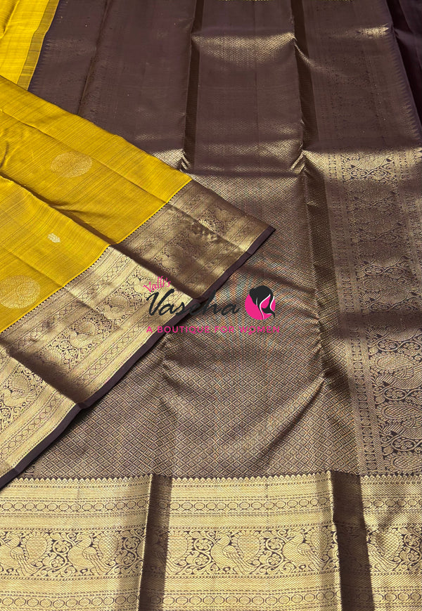 Pure Kanchipuram Silk Saree - Mustard Yellow With Brown - VVPS094