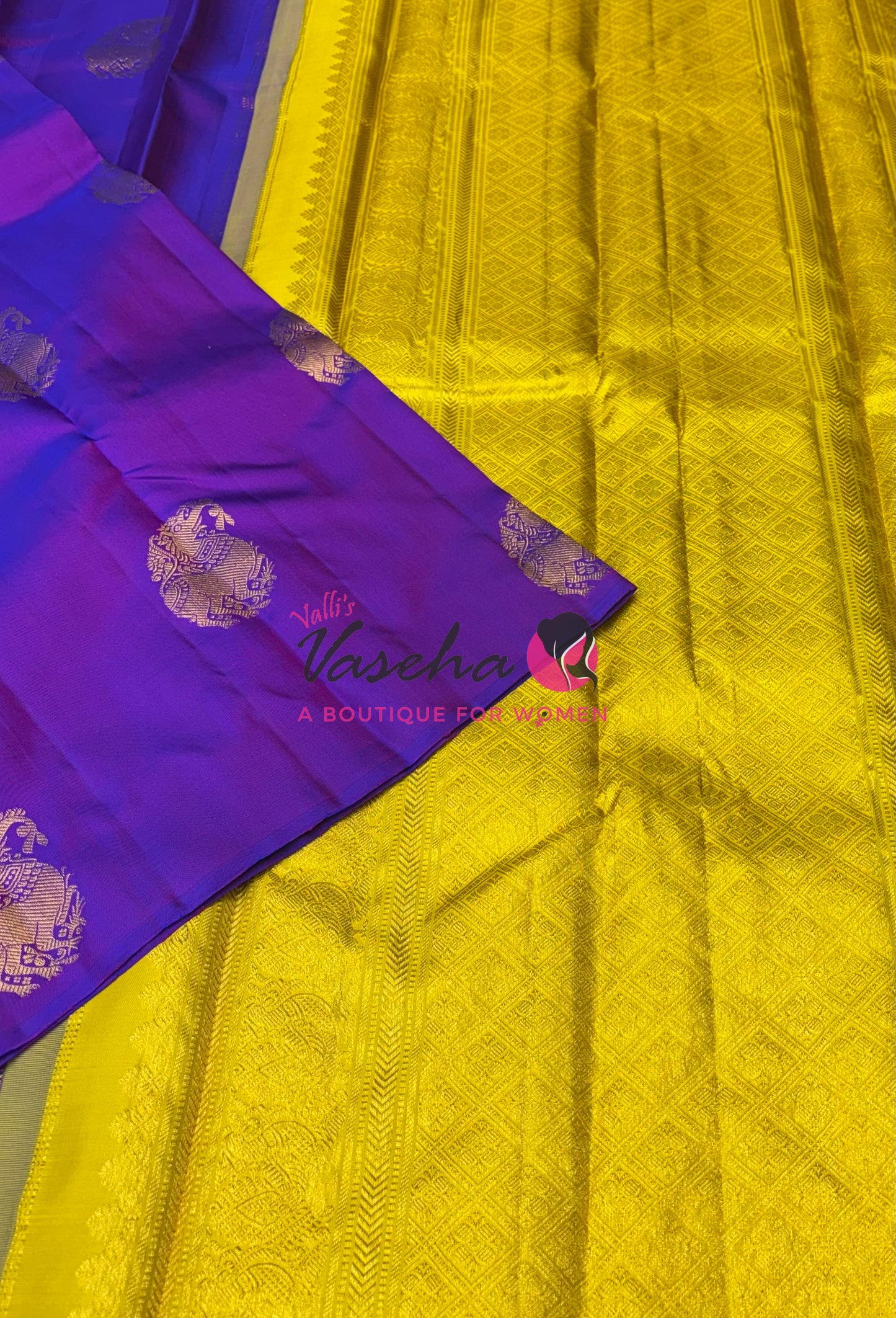 Pure Kanchipuram Silk Saree - Border Less - Purple with Yellow Combo - VVPS043