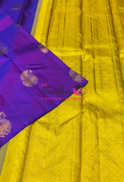 Pure Kanchipuram Silk Saree - Border Less - Purple with Yellow Combo - VVPS043