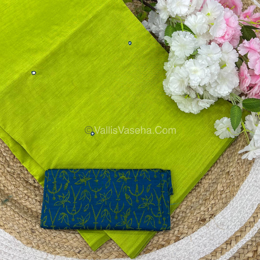 South Mixed Cotton - Mirror Work Embroidery - Lemon Green With Blue - VVPCM002