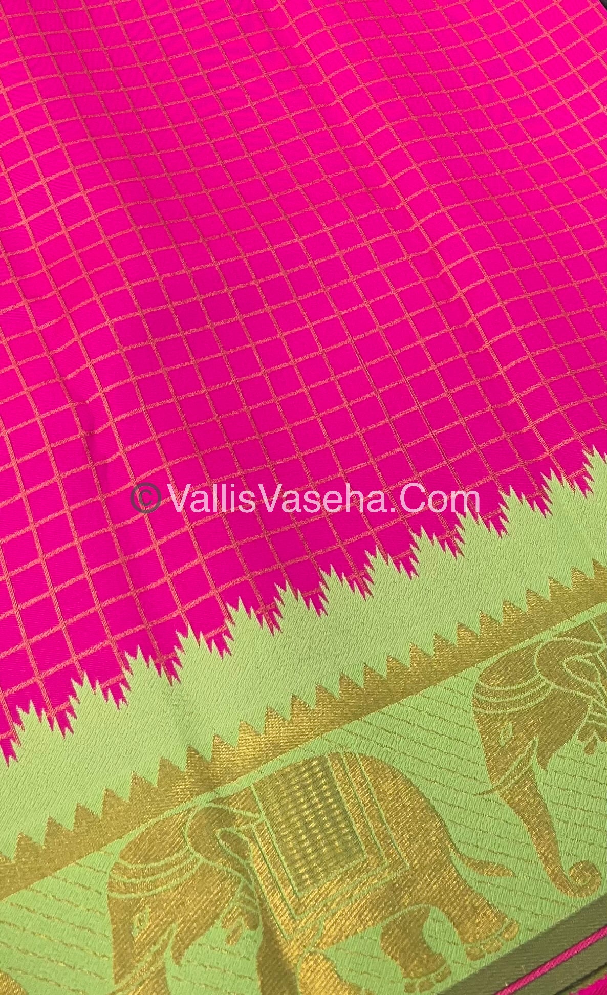Kanchi Semi Silk - Elephant Border& design -  Pink & Green- VVSSS005