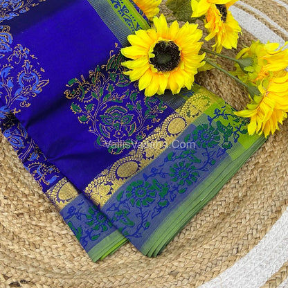 Pure Printed Silk Cotton Sarees - Blue with Green - VVPSC003