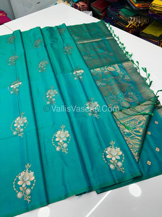 Semi Soft Silk - Border less - Double tone Peacock Greenish Blue Shade -VVSSS007