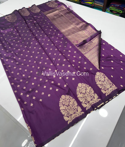 Semi Soft Silk - Tree With Double Birds Butta Border - Dark Purple Shade -VVSSS011