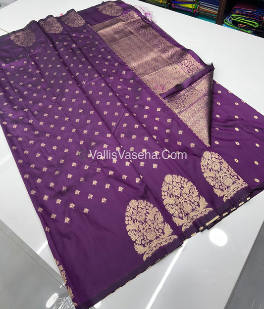Semi Soft Silk - Tree With Double Birds Butta Border - Dark Purple Shade -VVSSS011
