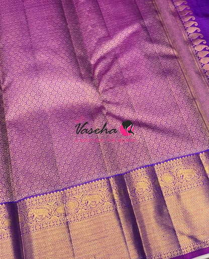 Pure Kanchipuram Bridal Silk Saree - Embossed Design - Peacock Blue With Purple Combo - VVPS023