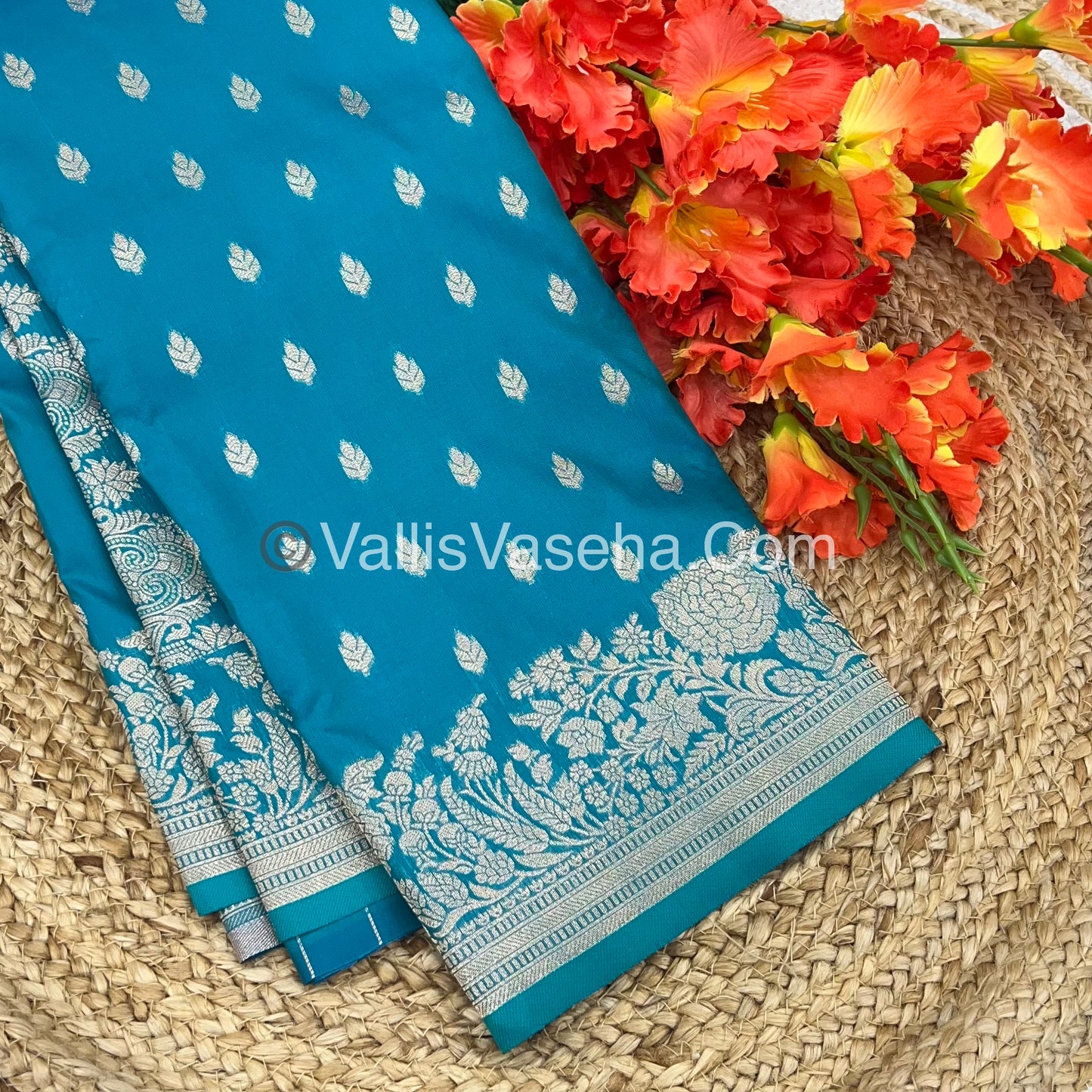 Semi Soft Silk with Border - Turquoise Blue Shade  -VVSSS012