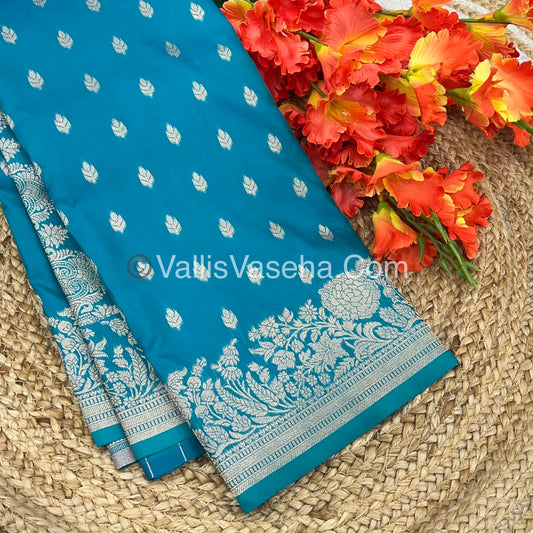 Semi Soft Silk with Border - Turquoise Blue Shade  -VVSSS012