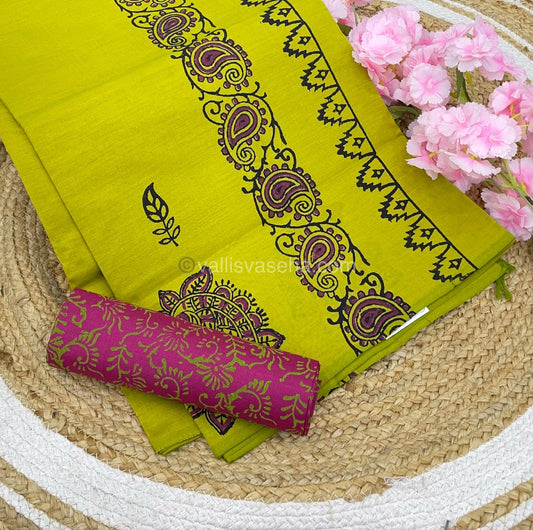 Poly Silk Mixed Printed Cotton - Lemon Green With Pink - VVPCP002