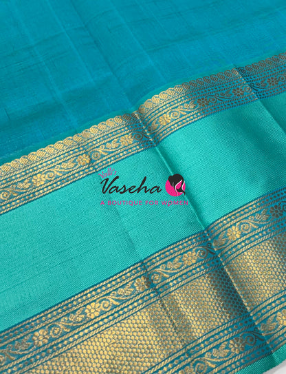 Pure Korvai Silk Cotton - Checks Pattern - Green  With Blue Shade  - VVKSC034