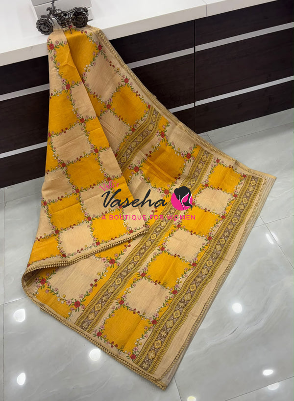 Linen Tissue Saree -  Light & Dark Combo - Yellow Shade - VVLTS005
