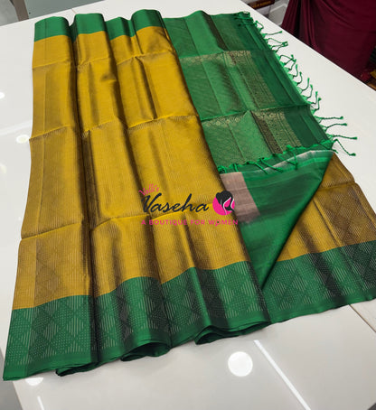 Pure Soft Silk Saree  - Vairavoosi Pattern - Mustard Green With Green - VVPSS095