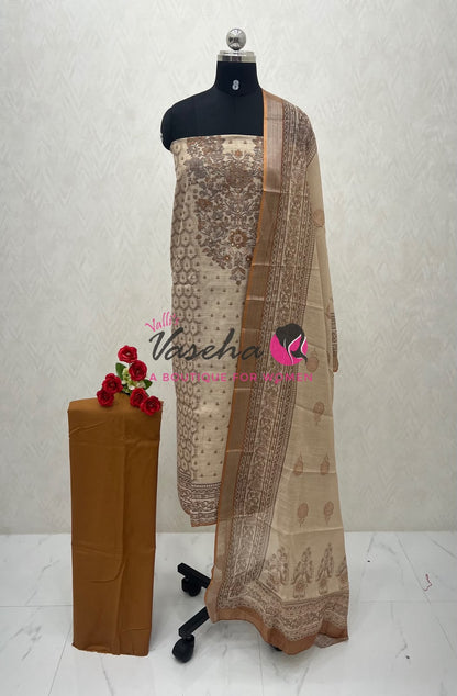 Unstitched Linen Material | Cream With Biscuit / Orange | VVUSM054