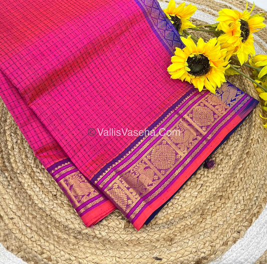 Pure Silk Cotton Saree - Peachish Pink With Blue - Lakshadeepam Design - VVPLD001