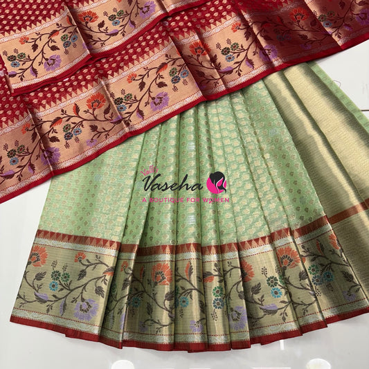 Unstitched - Lehenga Material - Zari Kota Tissue - Green & Red - VVULM001