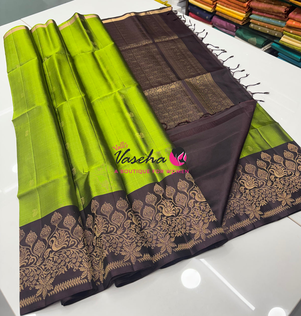 Pure Soft Silk Saree - Green & Brown - VVPSS119