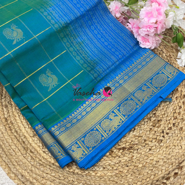 Pure Silk Cotton Saree - Mayil & Chakkaram Design - Blue With Blue Shade - VVMC001