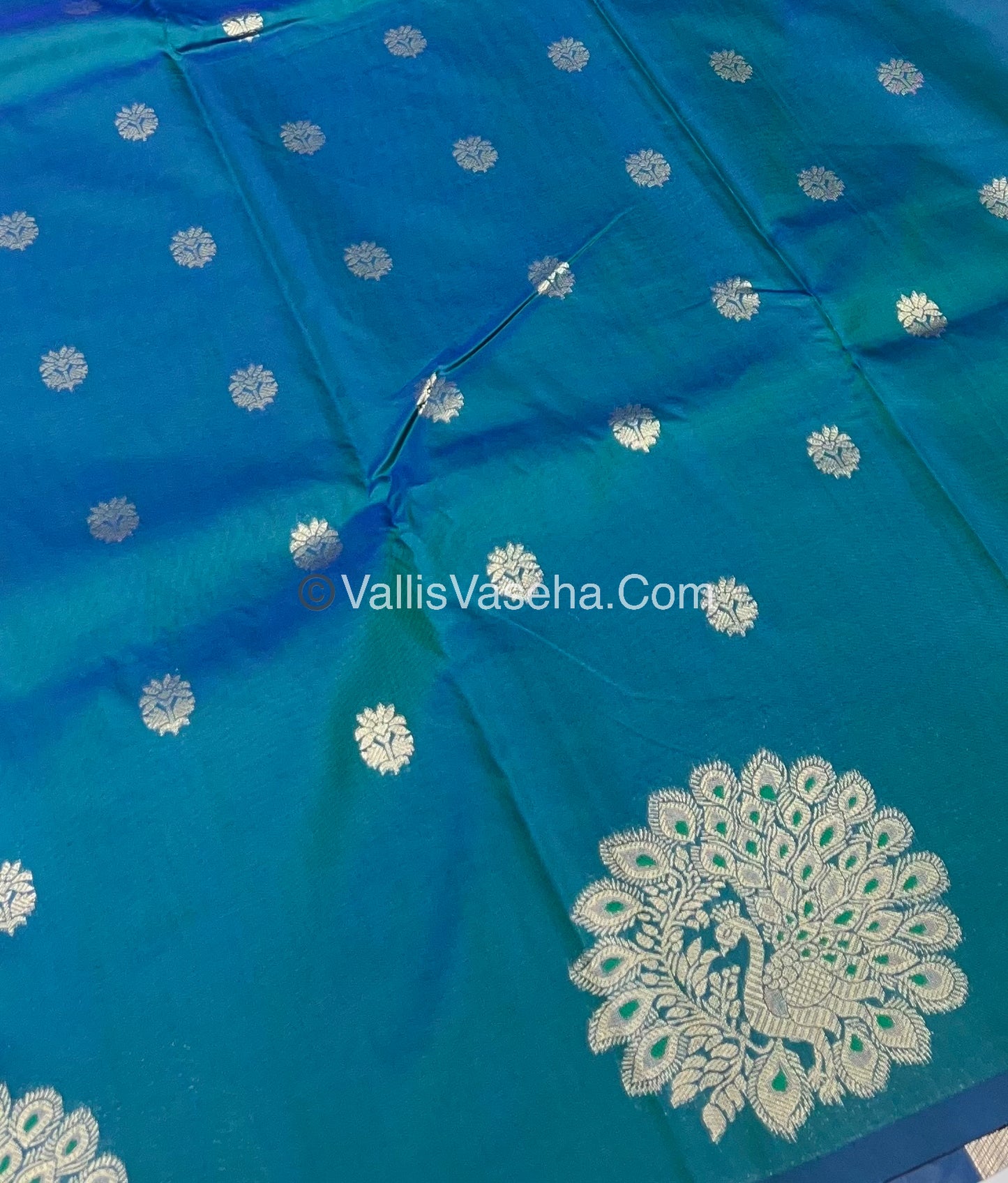Semi Soft Silk - Peacock Butta Border - Peacock Blue Shade -VVSSS011