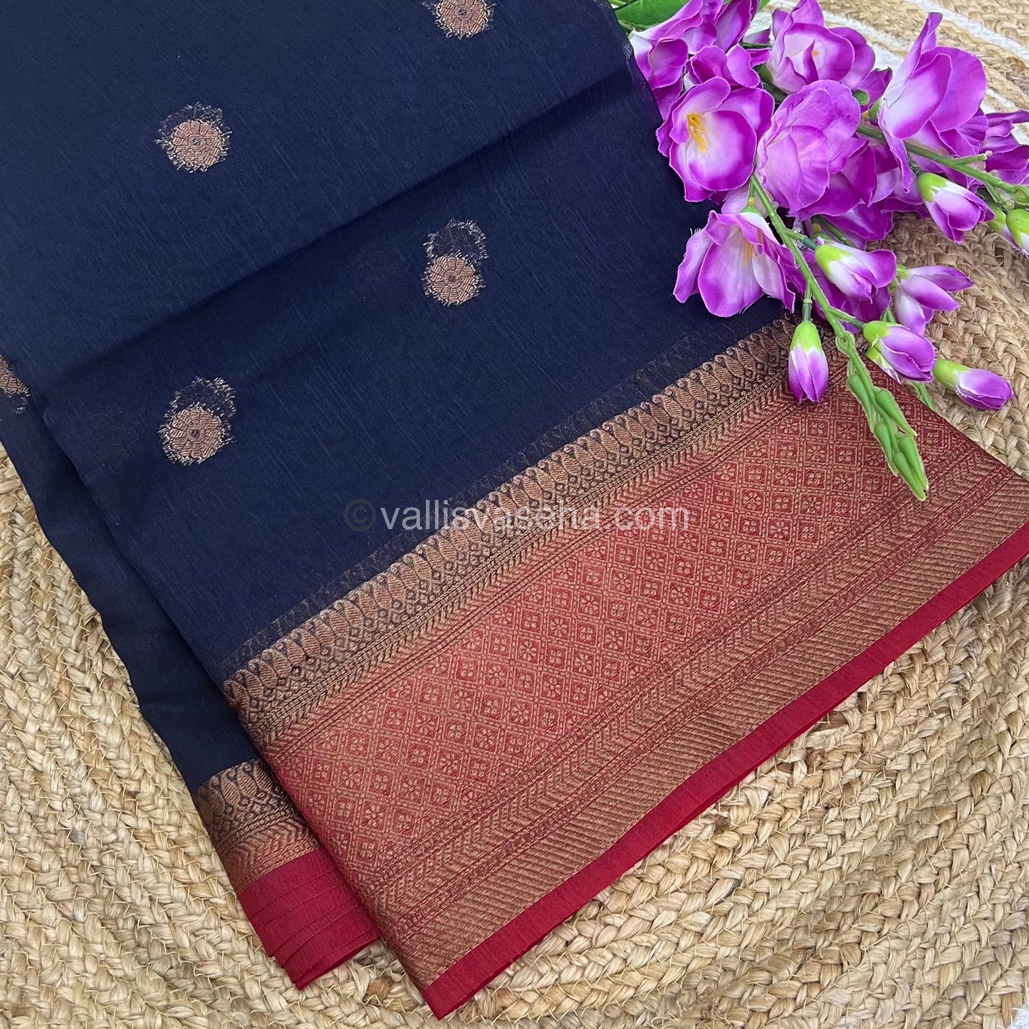 Bamboo Silk Saree  - Navy Blue with Red Shade - VVBSS001